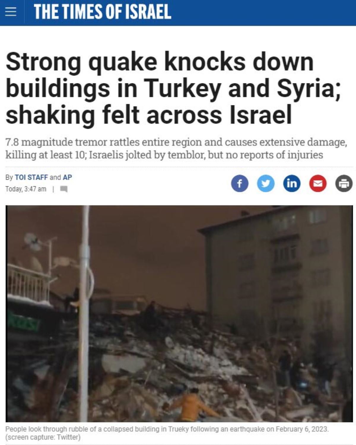 <br><p>İsrail basını, 7,8 büyüklüğündeki sarsıntının tüm bölgeyi sarstığını, büyük hasara yol açarak en az 100 kişinin canına mal olduğunu, İsrail'in de depremle sarsıldığını, ancak ölüm ya da yaralanma bildirilmediğini duyurdu.</p><br>